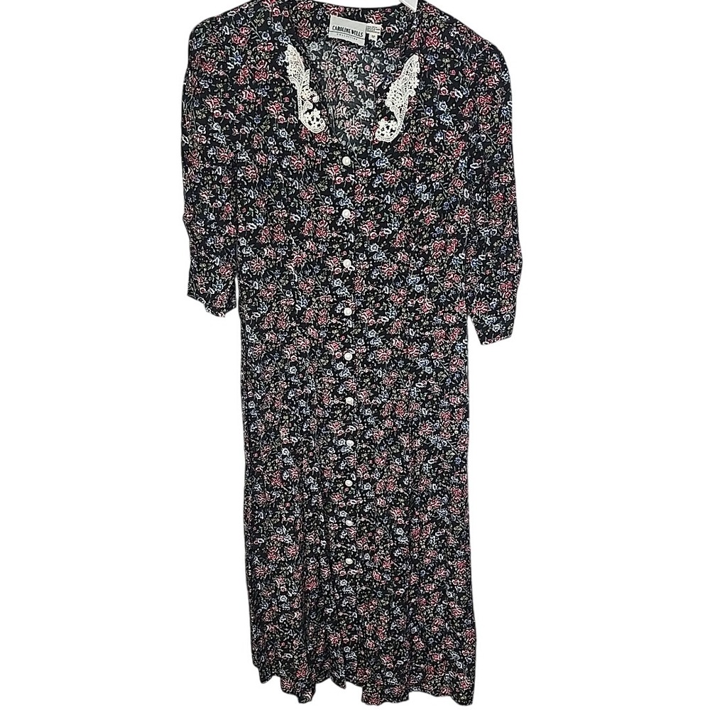 Caroline Wells Floral Maxi Dress 12 Black Full Button Front 90s Cottage Prairie